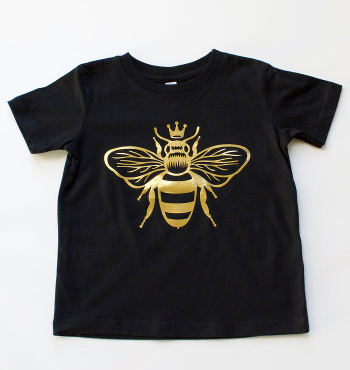 queen-bee-gold-metallic-kids-tee-shirt-baby-onesie-black-bee-birthday-It's My Party Kids Boutique