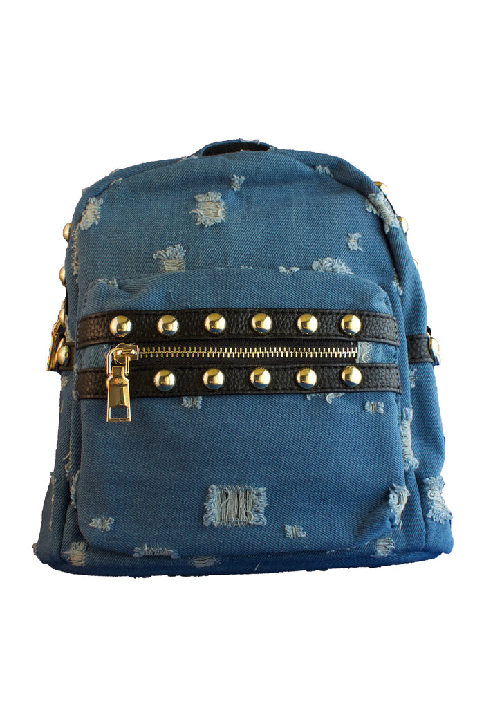 Distressed Blue Denim Studded Backpack, PURSE - itsmypartykids