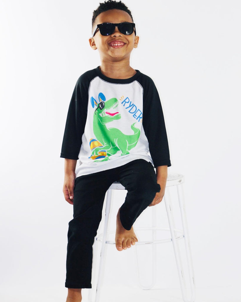 boy-in-dino-trex-dinosaur-easter-bunny-tee-shirt-3-its my party kids boutique
