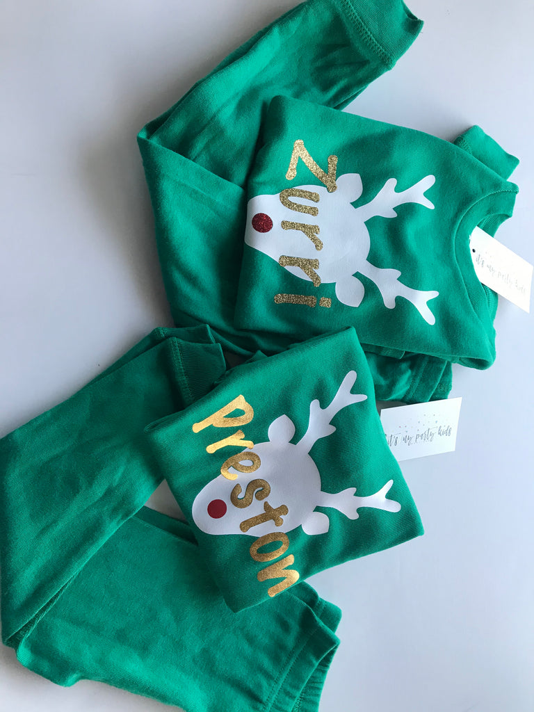 Personalized Rudolf Holiday Children's Pajama Set - Green