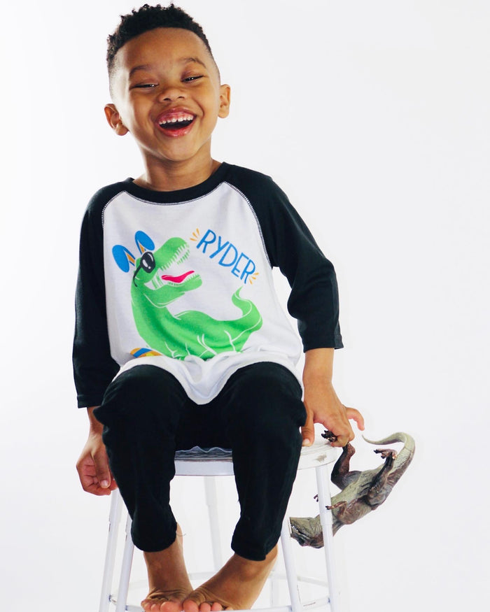 boy-in-dino-trex-dinosaur-easter-bunny-tee-shirt-its my party kids boutique