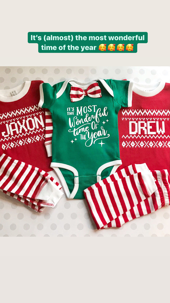 Holiday Bowtie "Most Wonderful Time of the Year" Baby Christmas Onesie