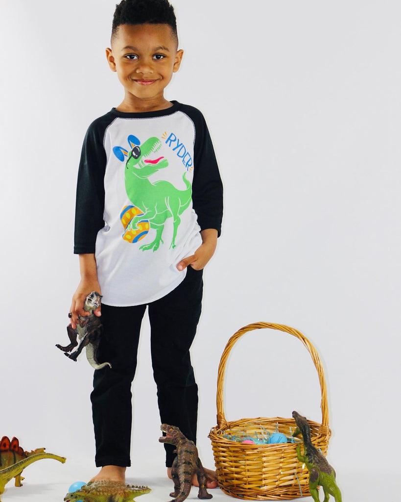 boy-in-dino-trex-dinosaur-easter-bunny-tee-shirt-2-its my party kids boutique