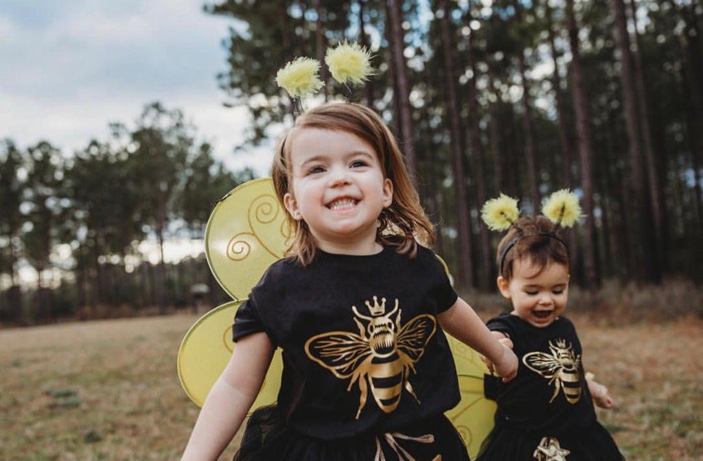 queen-bee-gold-metallic-kids-tee-shirt-baby-onesie-black-bee-birthday-4-It's My Party Kids Boutique