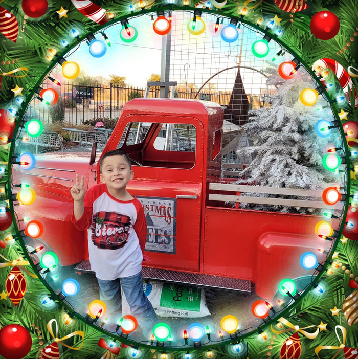 personalized-name-vintage-christmas-holiday-truck-red-white-buffalo-plaid-kids-raglan-tee-shirt-2-its my party kids boutique