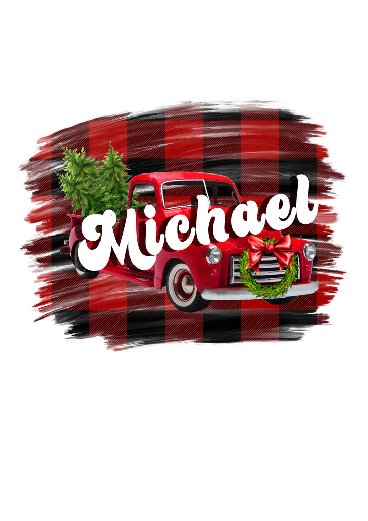personalized-name-vintage-christmas-holiday-truck-red-white-buffalo-plaid-kids-raglan-tee-shirt-3-its my party kids boutique