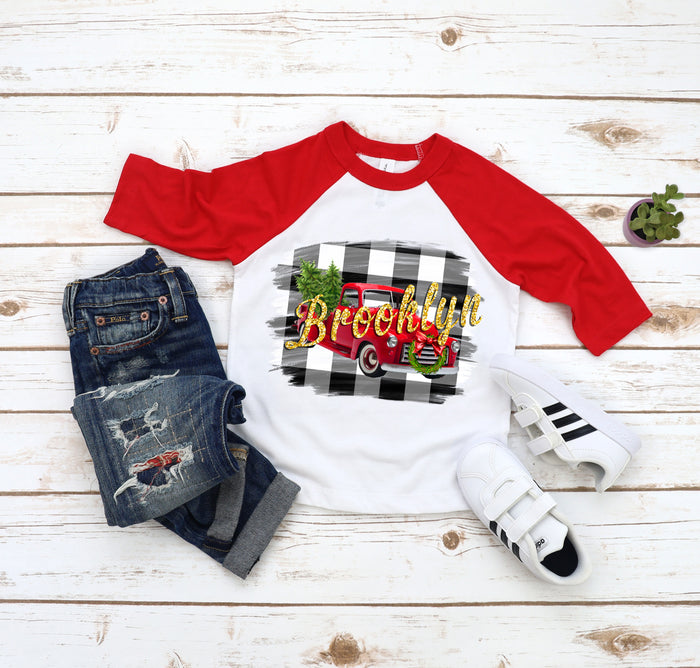 personalized-name-vintage-christmas-holiday-truck-red-white-plaid-glitter-kids-raglan-tee-shirt-its my party kids boutique
