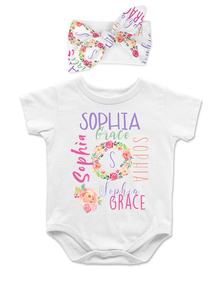 personalized-name-floral-baby-bodysuit-onesie-and-headband-matching-set-its my party kids boutique