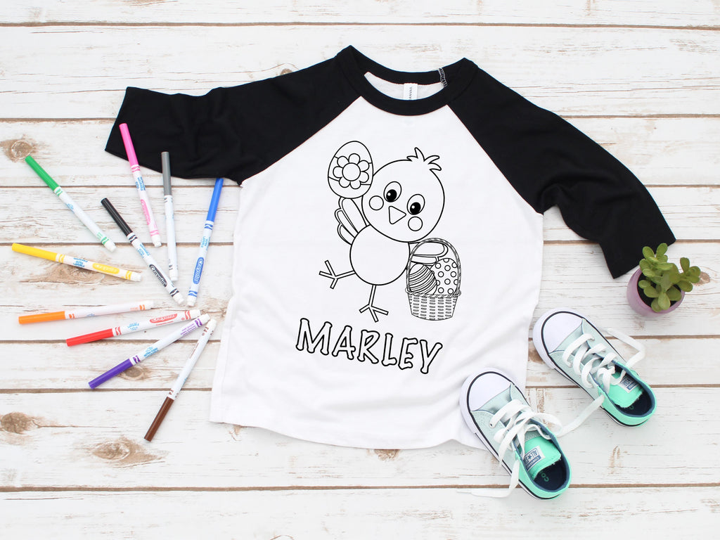 easter-basket-chick-personalized-custom-name-kids-coloring-tee-shirt-2-its my party kids boutique