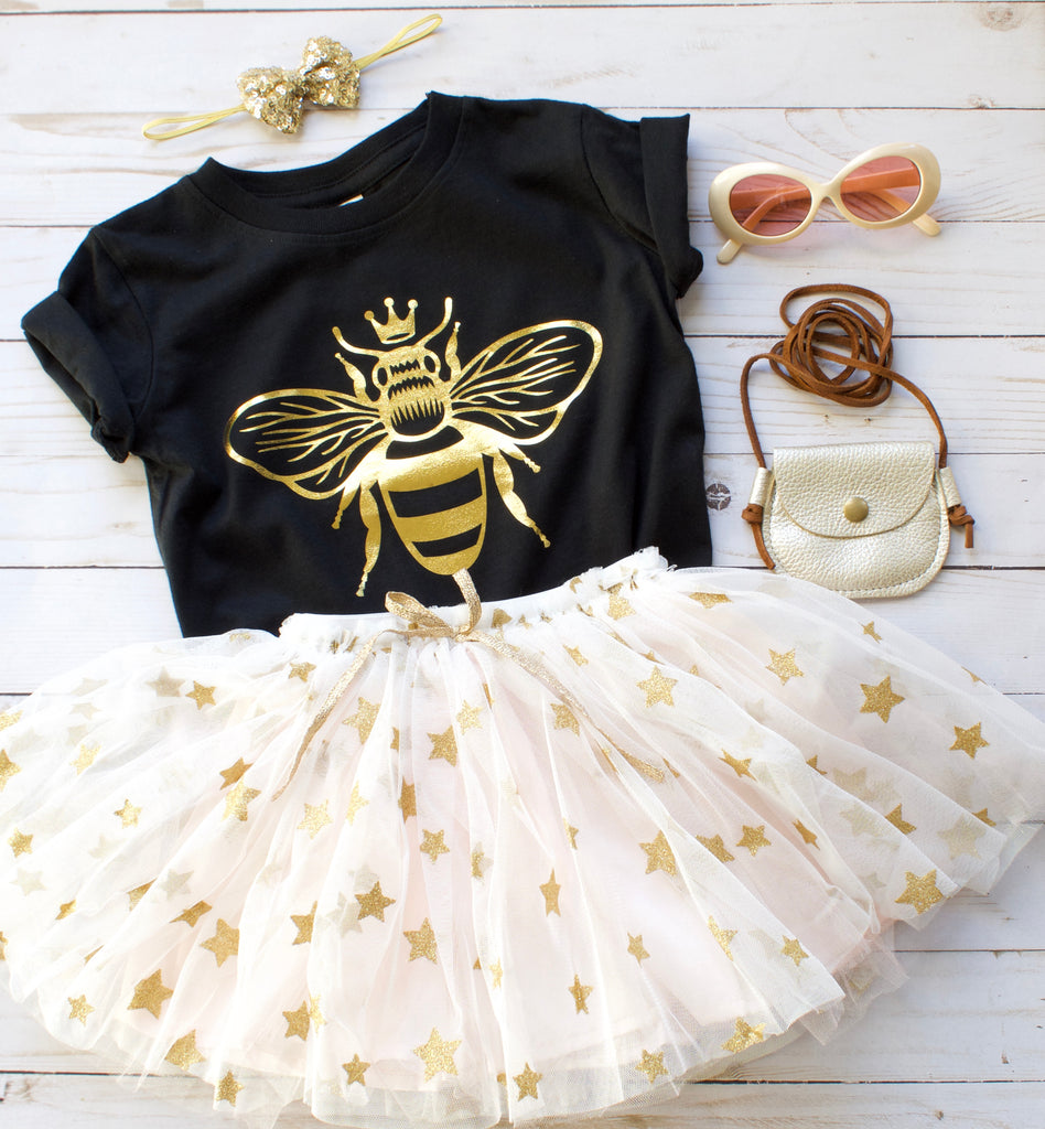 queen-bee-gold-metallic-kids-tee-shirt-baby-onesie-black-bee-birthday-2-It's My Party Kids Boutique