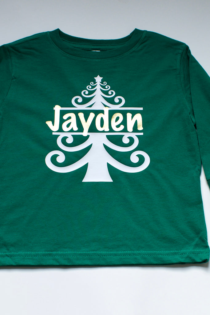 personalized-name-christmas-tree-holiday-kids-tee-shirt-baby-onesie-its my party kids boutique