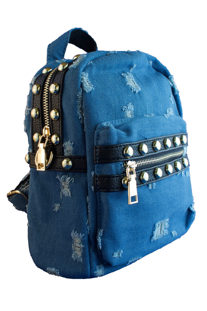 Distressed Blue Denim Studded Backpack, PURSE - itsmypartykids