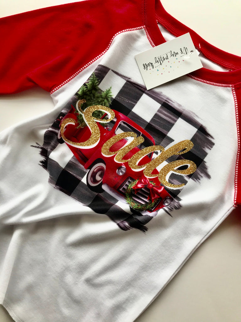 personalized-name-vintage-christmas-holiday-truck-red-white-plaid-glitter-kids-raglan-tee-shirt-2-its my party kids boutique