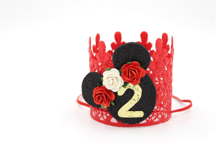 FIRST BIRTHDAY ROSETTE MOUSE CROWN - RED, CROWNS - itsmypartykids