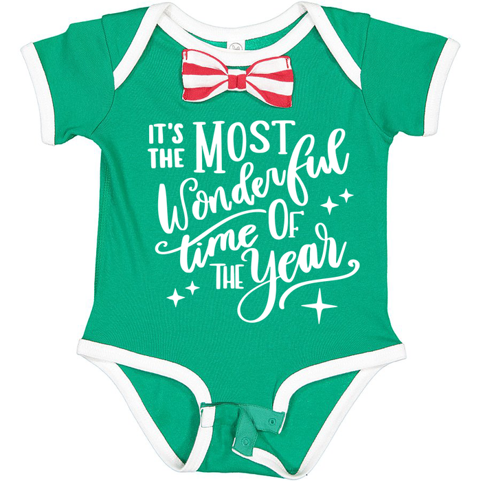 its-the-most-wonderful-time-of-the-year-green-red-striped-holiday-christmas-bowtie-baby-onesie-It's My Party Kids Boutique