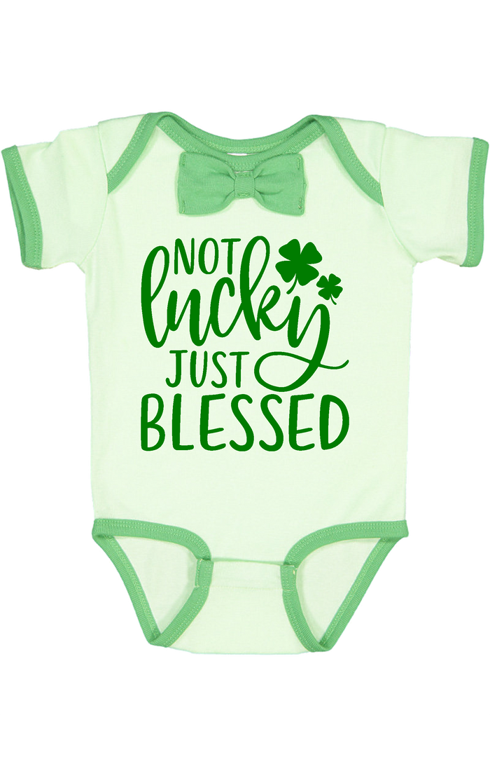 not-lucky-just-blessed-st-patricks-pattys-day-green-bowtie-baby-onesie-It's My Party Kids Boutique