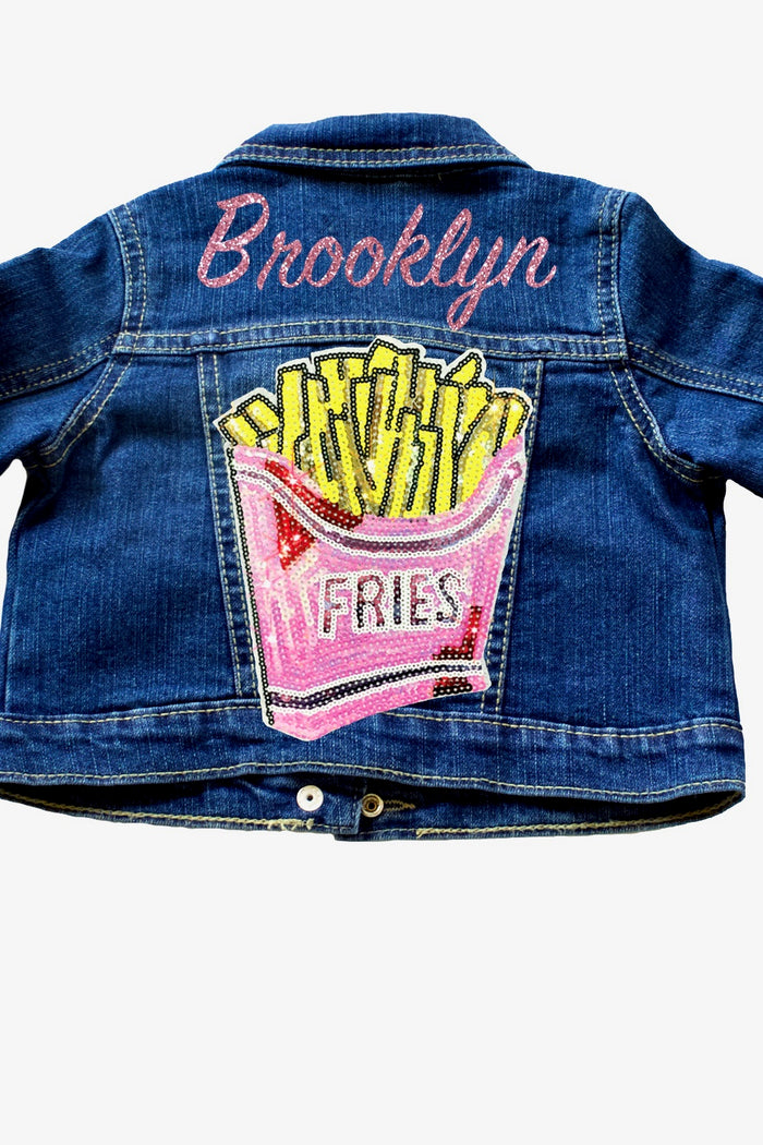 Personalized-glitter-french-fry-sequin-name-customized-indigo-toddler-denim-jacket-It's My Party Kids Boutique