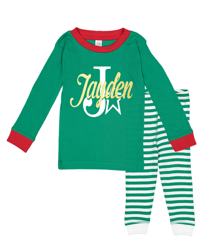 Red-and-Green-Personalized-Name-Monogram-Holiday-Childrens-Pajama-Set-Striped-Gold-Metallic-It's My Party Kids Boutique