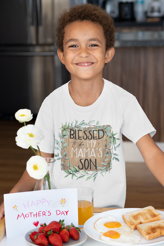 boy-wearing-blessed-to-be-my-mamas-son-mothers-day-tee-shirt-its my party kids boutique